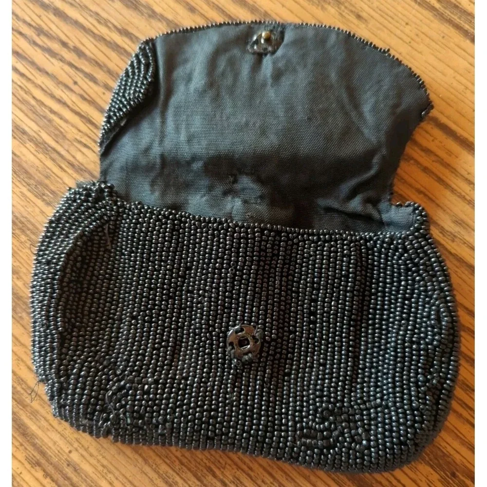 Antique Black Beaded Coin Medicine‎ Makeup Purse Ornate Handmade In Belgium